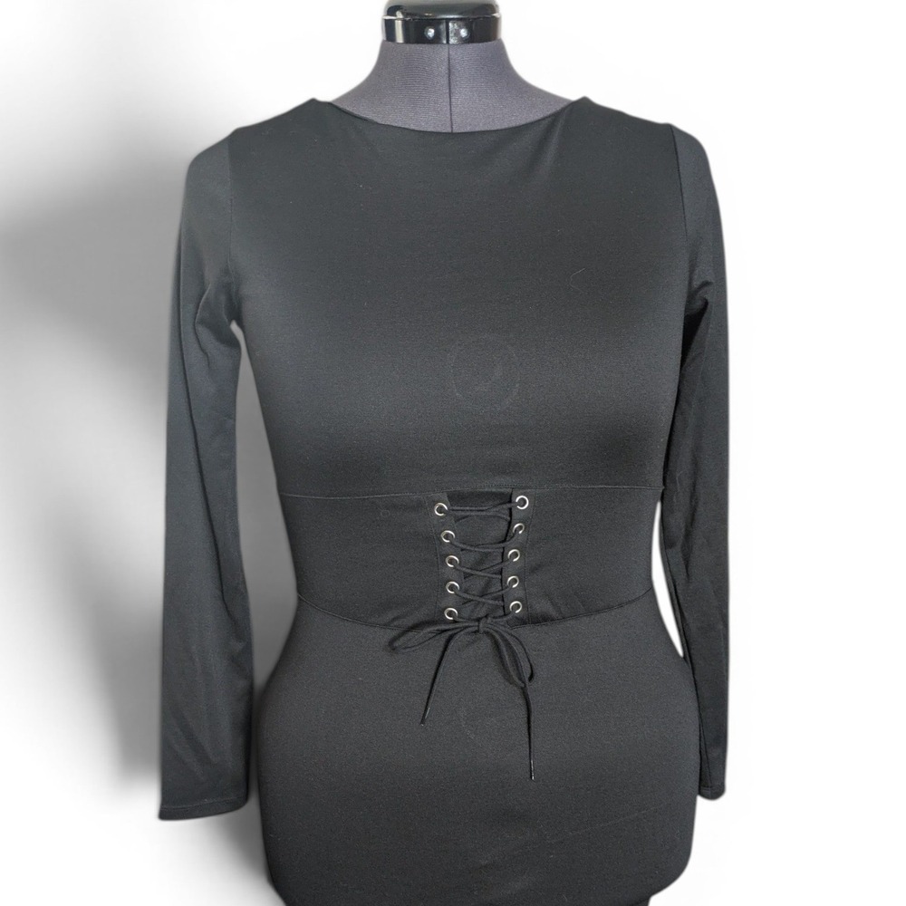 H&M Vampy Goth Bodycon Faux Corset Lace Up Long Sleeve Dress 16